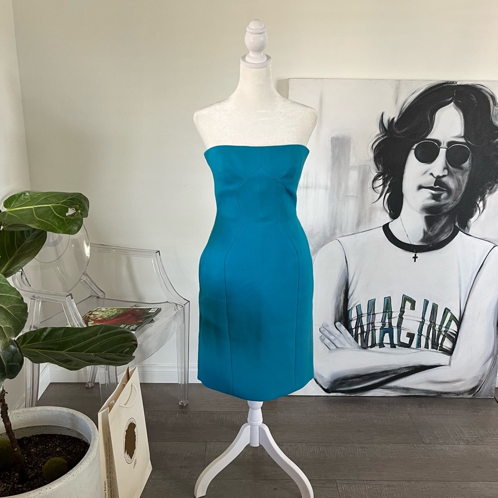 Versace Couture turquoise boned strapless corset dress with zippered back. Pd 3k